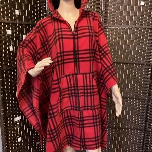 Hoodie Red & Black Plaid Cape Poncho